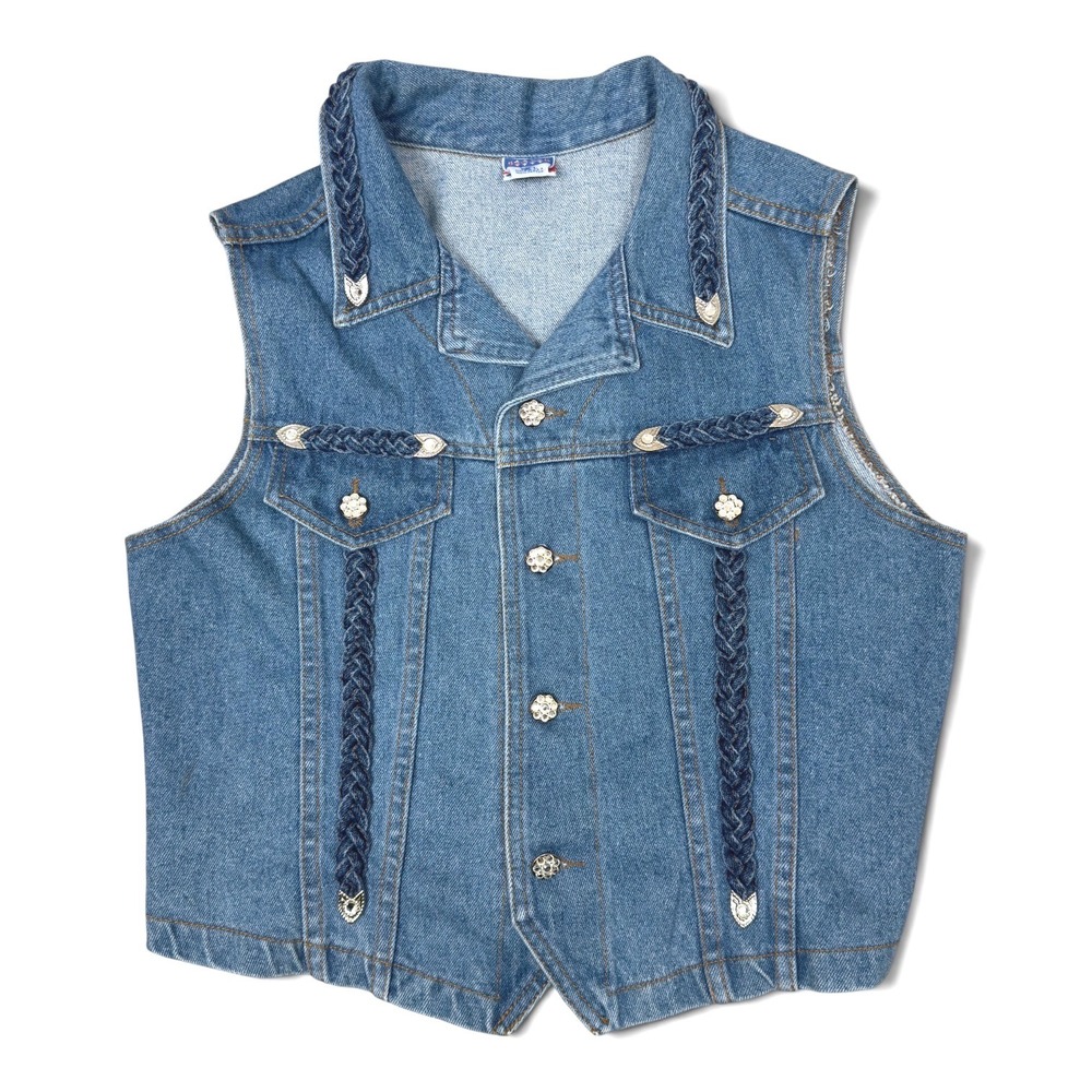 Watch L.A. Vintage Denim Vest Womens L Blue Western Braided Rhinestone Button